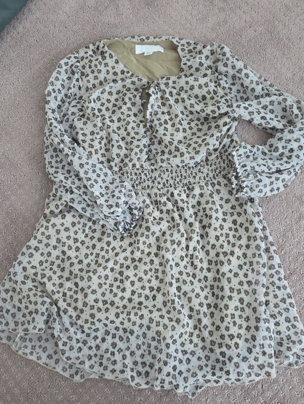 Zara Tan And Olive Floral Tiered Long-Sleeve Dress with Brown Print